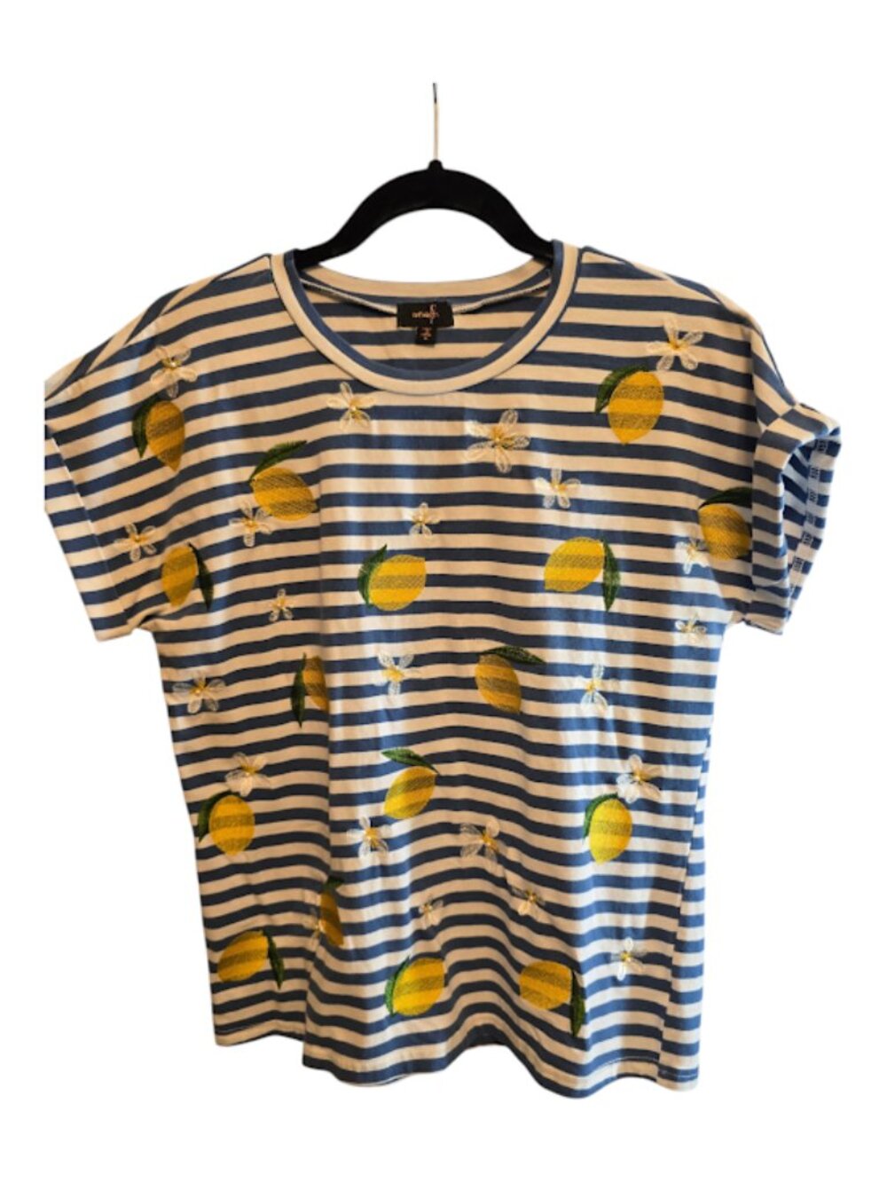 ON TWELFTH COTTON BLEND TSHIRT STRIPED EMBROIDERED PINEAPPLES WITH PEARLS MEDIUM